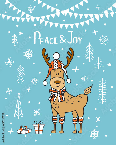 peace and joy merry christmas greeting card with cute cartoon deer in xmas winter hat and scarf. pine trees snowflakes snow and flag garland background