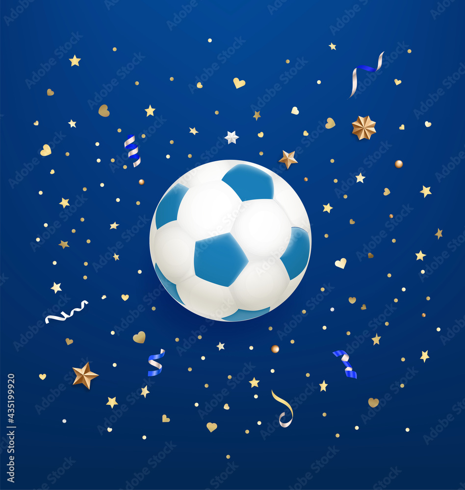 Fototapeta premium Soccer ball on blue background with confetti