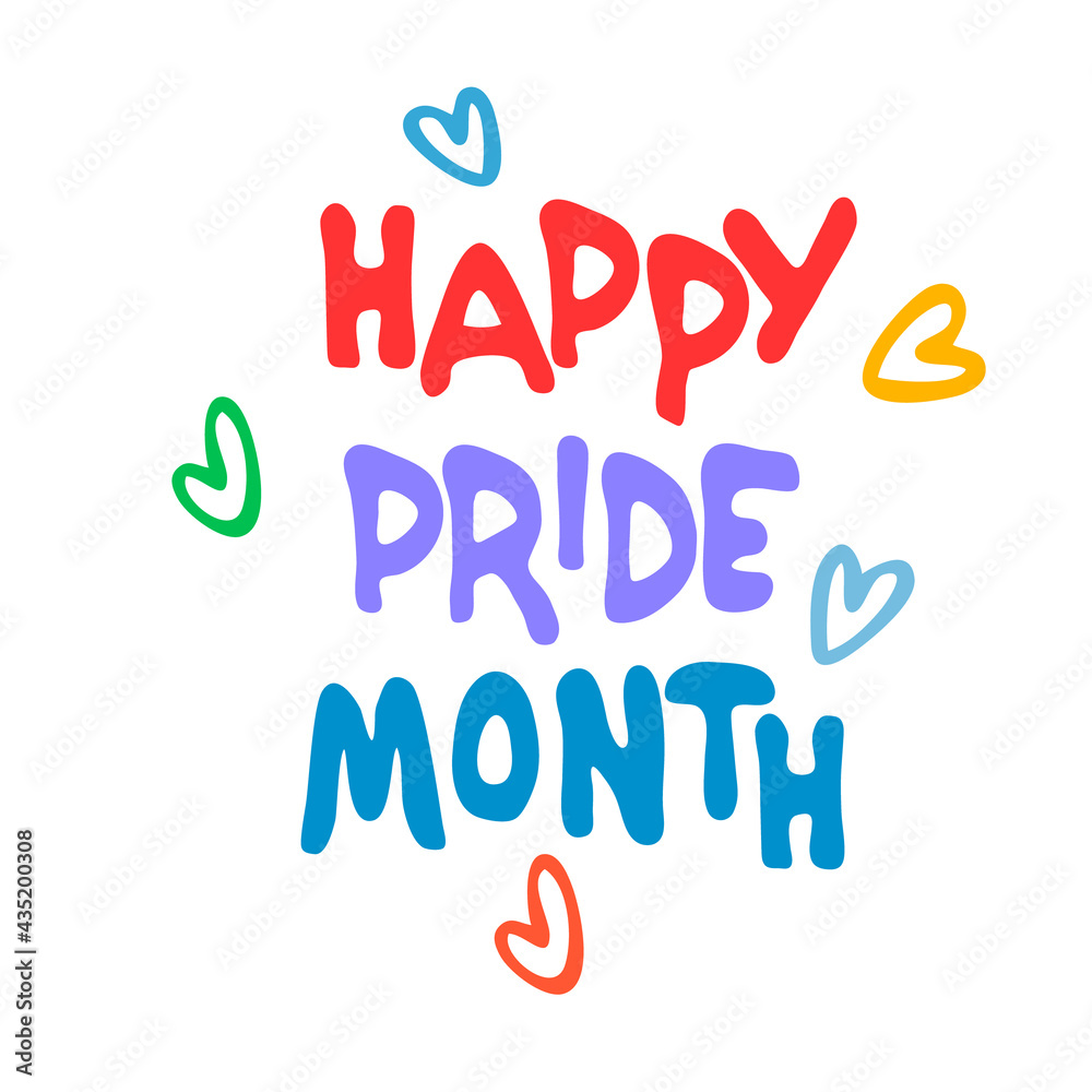 Happy Pride Month. Annual sexual diversity celebrations logo. Sex minorities self-affirmation concept. Hand lettering decorated with rainbow-colored hearts. Isolated on white background Happy Pride Month. Annual sexual diversity celebrations logo. Sex minorities self-affirmation concept. Hand lettering decorated with rainbow-colored hearts. Isolated on white background