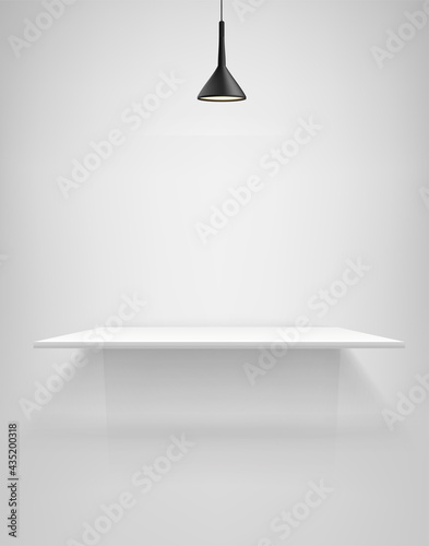 Bright room with white shelf and black lamp