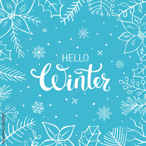 hello winter hand drawn floral branches twigs and poinsettia christmas traditional flowers frame background