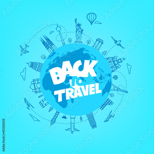 Back to travel concept. Linear vector illustration with world sights