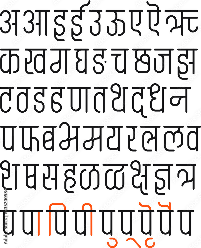 Handmade Devanagari thin font for Indian languages Hindi, Sanskrit, and Marathi, alphabets.