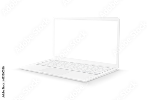 White laptop with blank screen on white background. 3d style vector illustration