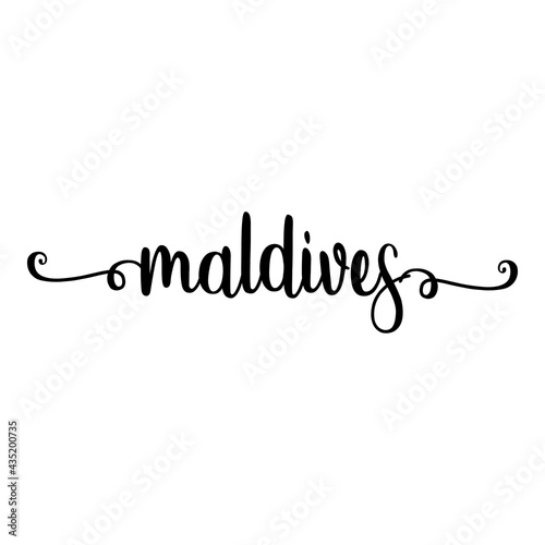 Banner con texto manuscrito maldives escrito a mano con florituras en color negro
