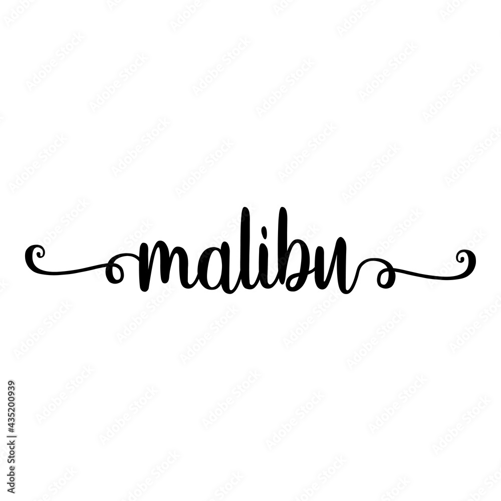 Banner con texto manuscrito malibu escrito a mano con florituras en color negro
