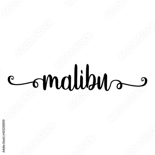 Banner con texto manuscrito malibu escrito a mano con florituras en color negro