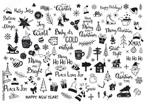 collection of christmas new years decoration items silhouettes and outlined doodles  xmas trees  santa hats  gift box  snowflakes  twigs  branches  house  car  mug  skates and hand lettered quotes
