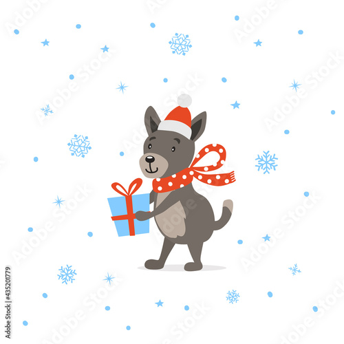 merry christmas happy new year cute funny cartoon dog with present