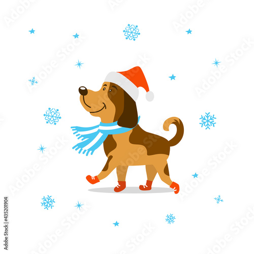 merry christmas happy new year cute  cartoon dog in santa hat and winter scarf, isolated vector illustration