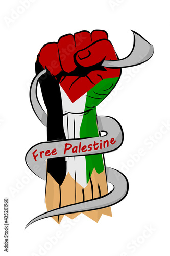 Simple Vector Sketch Punching or Fisting Hand, Palestine Flag and Arabic Text that Meaning Palestine