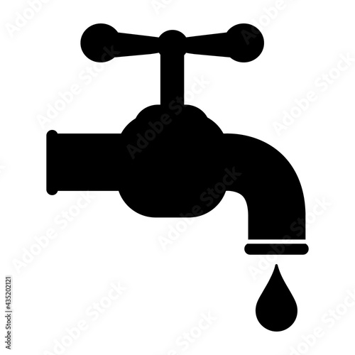 Tap water icon. Vector illustration of classic faucet with water drop isolated on white background. Flat, simple graphic. Dripping tap symbol.