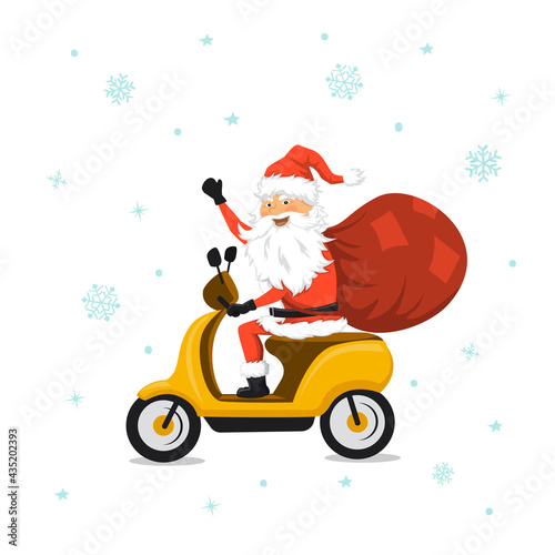 cheerful cartoon santa claus driving scooter with presents sack, merry christmas happy new year xmas holidays isolated vector illustration