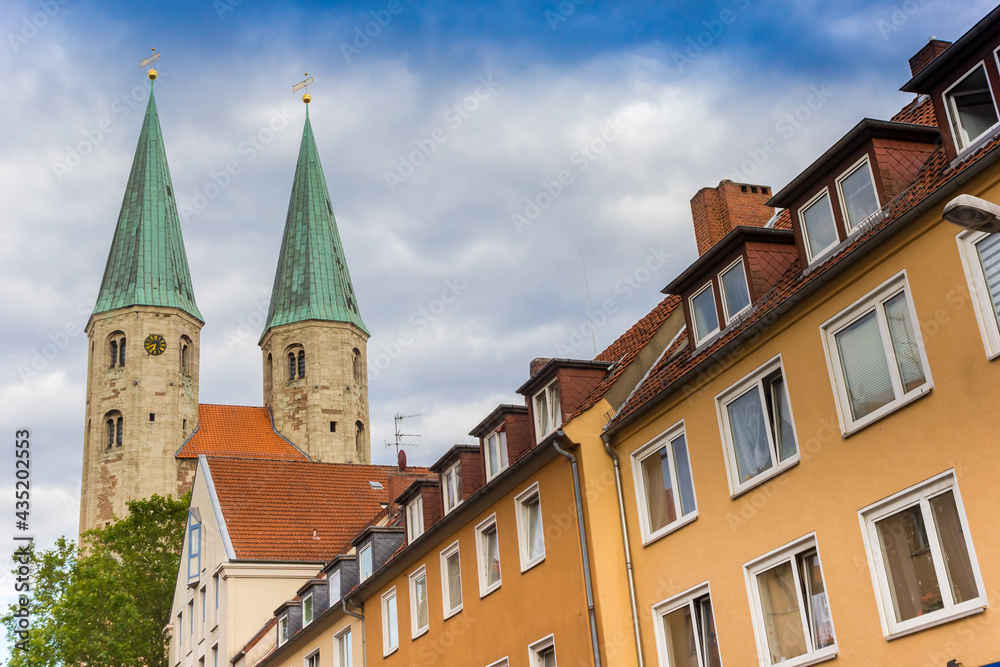 Church towers and colorful houses in Braunschweig, Germany