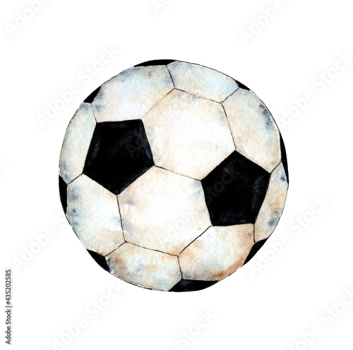 Watercolor illustration of a soccer ball. Sports symbol. Soccer World Cup. A spherical object for spontaneous games. Isolated on white background. Drawn by hand.