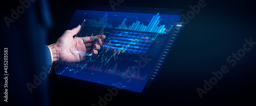 Business finance investment DeFi decentralize blockchain concept,  businessman investor hand close-up graph chart trading data modern data and number futuristic background photo