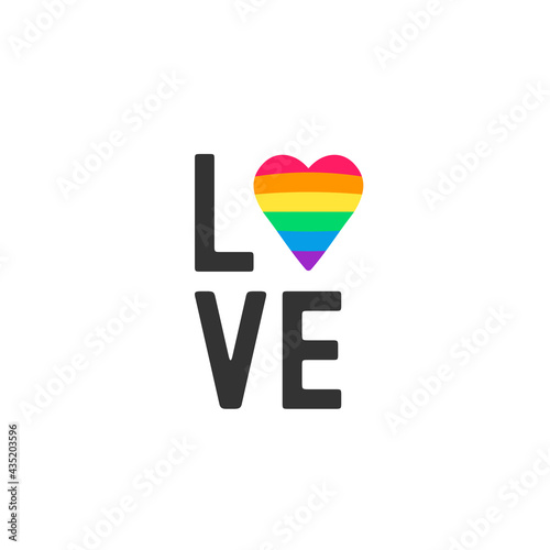 Rainbow heart in the text Love. Homosexual love and flag.