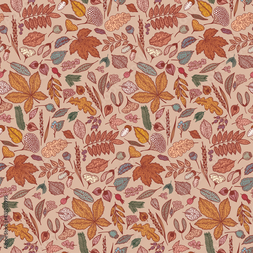 Fall forest berries, flower, branches, leaves are hand-draw, doodle graphic. Vector illustration. Autumn seamless pattern. Colored trendy Flat design. For Textile, Wallpaper, wrapping paper, Card.