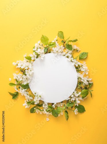 Elegant floral composition with paper round blank in the centre of  yellow background. Branding mock up, holiday marketing concept. Composition of cherry and white flowers is lined with frame around. 