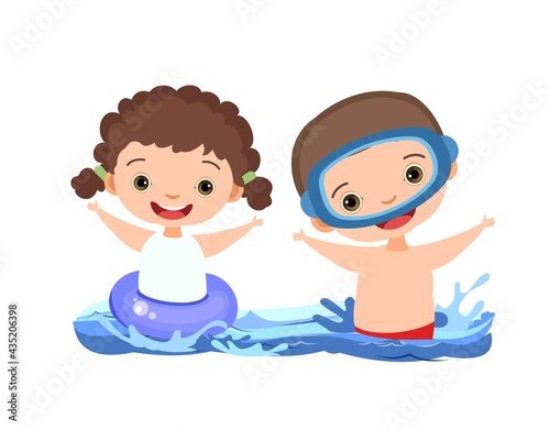 Girl and boy are having fun and splashing in water. Swimming, diving and water sports. Pool or beach. Isolated on white background. Illustration in cartoon style. Flat design. Vector art