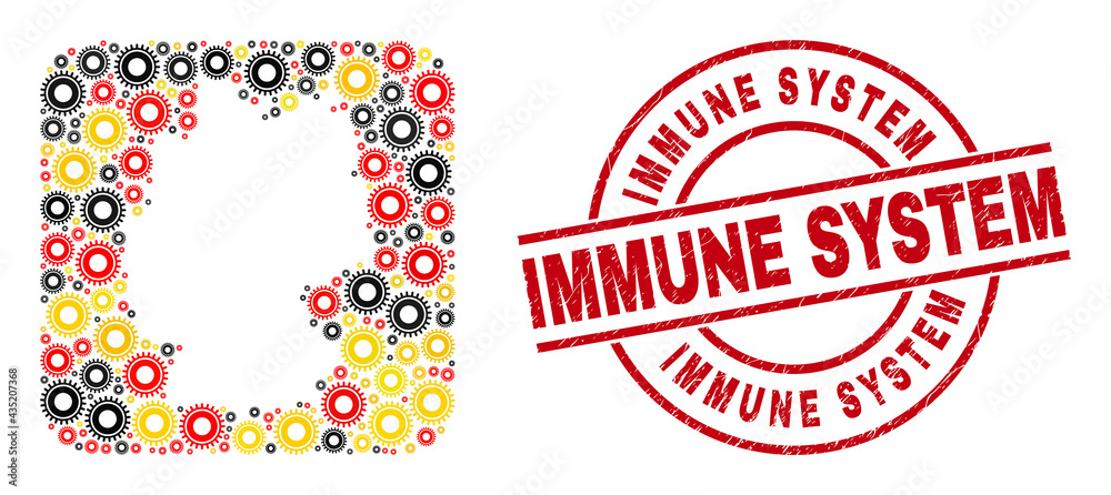German map mosaic in German flag official colors - red, yellow, black, and textured Immune System red round stamp print. Immune System seal uses vector lines and arcs.
