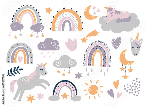 set of nursery decor elements on cartoon style for stickers, prints, posters, cards, kids apparel, etc. Includes unicorns, rainbows, moon, stars isolated on white background. EPS 10