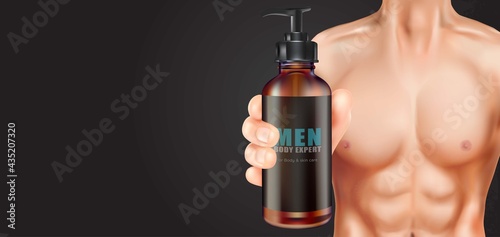Men's holding body wash packaging on hand in dark background. Of free space for your texts and branding. Realistic vector 3D illustration.