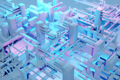 3d illustration of a pattern in the geometric form . Abstract Graphics in the style of computer games. Close up of the pink and blue cyber armor on neon lights