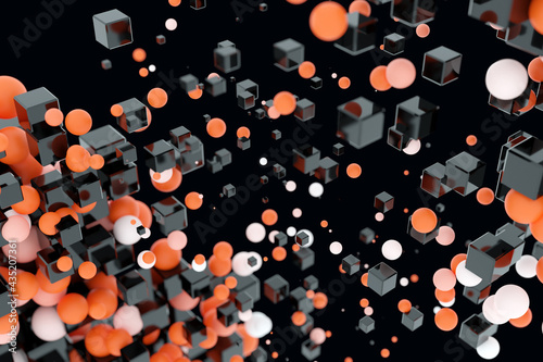 3d illustration of  flying geometric shapes balls, cubes on  a black  background .  Shape pattern. Technology geometry  background