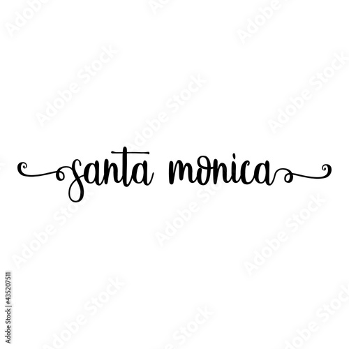 Banner con texto manuscrito santa monica escrito a mano con florituras en color negro