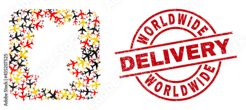 German map mosaic in German flag official colors - red, yellow, black, and unclean Worldwide Delivery red round stamp seal. Worldwide Delivery seal uses vector lines and arcs.