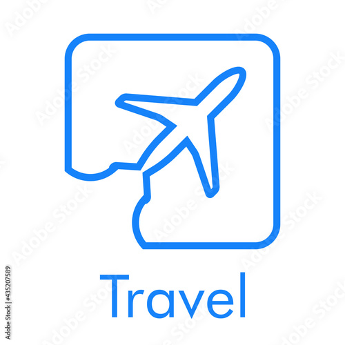 Logotipo con texto Travel y silueta de avión con trayectoria en cuadrado con lineas en color azul