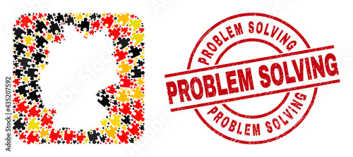 Germany geographic map mosaic in Germany flag official colors - red, yellow, black, and dirty Problem Solving red circle seal. Problem Solving seal uses vector lines and arcs.