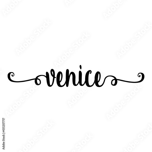 Banner con texto manuscrito venice escrito a mano con florituras en color negro