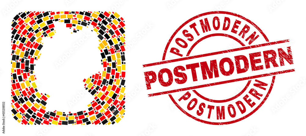 Germany map collage in Germany flag official colors - red, yellow, black, and textured Postmodern red round stamp. Postmodern stamp uses vector lines and arcs. Germany map collage in Germany flag official colors - red, yellow, black, and textured Postmodern red round stamp. Postmodern stamp uses vector lines and arcs.