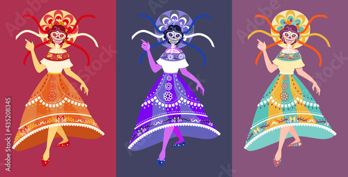 Calavera Catrina dancer - isolated vector, full body picture. Dia de Los Muertos, skeleton woman characters