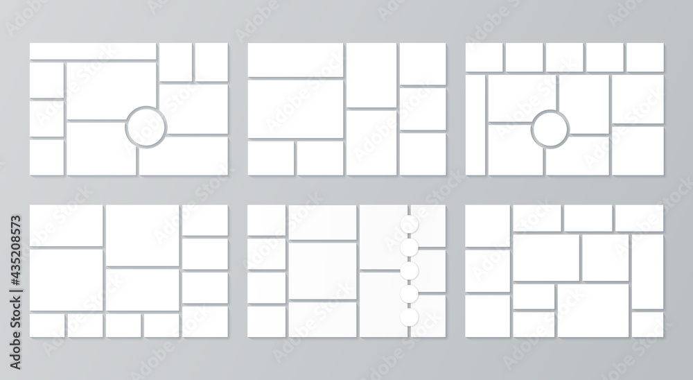 Collage template. Moodboard layout. Vector. Set of mosaic photo frames. Mood board background. Pictures grid. Photomontage gallery. Horizontal mockup of banner. Photography album. Simple illustration.