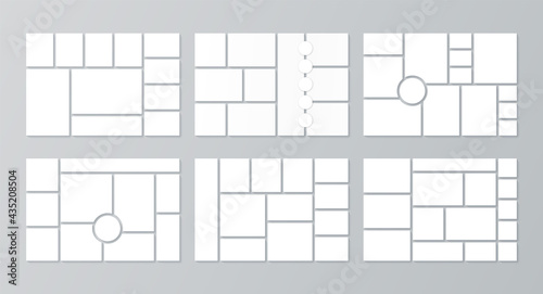 Moodboard template. Photo collage layout. Vector. Set mood boards. Pictures grids on background. Mosaic frame banner. Photography album. Horizontal design of presentation mockup. Simple illustration.