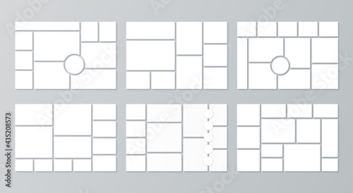 Collage template. Moodboard layout. Vector. Set of mosaic photo frames. Mood board background. Pictures grid. Photomontage gallery. Horizontal mockup of banner. Photography album. Simple illustration.
