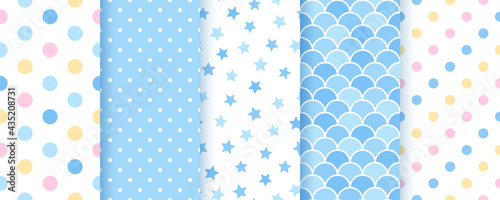 Seamless pastel pattern. Prints for scrapbook, baby shower, birth party. Blue baby boy backgrounds. Vector illustration. Cute textures with dots, stars and fish scale.