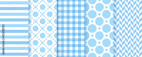 Seamless blue patterns. Textures for scrapbook, baby shower, birthday party. Baby boy pastel backgrounds. Cute packing paper prints. Vector illustration.