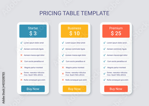 Price table plans. Comparison data template. Vector. Pricing chart grid. Spreadsheet page with 3 columns. Checklist compare tariff banner. Comparative spreadsheets with options. Simple illustration.