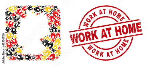 Germany geographic map collage in Germany flag official colors - red, yellow, black, and Work at Home red circle badge. Work at Home badge uses vector lines and arcs.