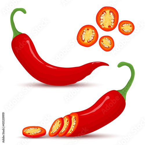 Hot chili pepper isolated on white background. Whole, half and chopped red chili. Vector illustration, flat style.