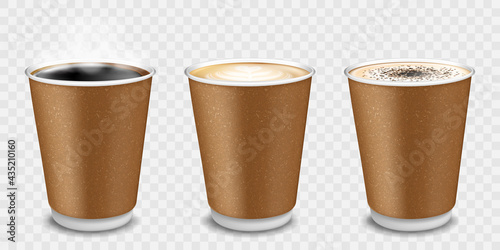 Set of paper and cardboard cups and coffee mugs with drinks. Isolated 3D realistic vector illustration with hot coffee.
