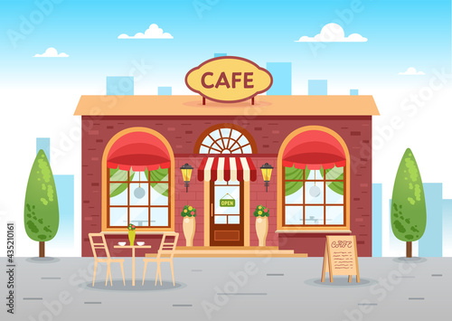 Summer cafe with a table. Stylish coffee shop in the city with a table. Vector flat illustration