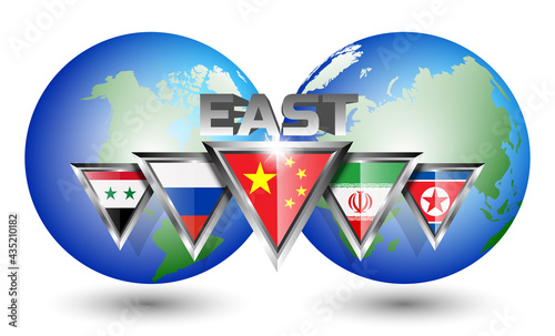 Political poster with 3D inscription East and triangular flags of the China, Russia, Syria, Iran, north Korea against the background of the two hemispheres of the planet Earth