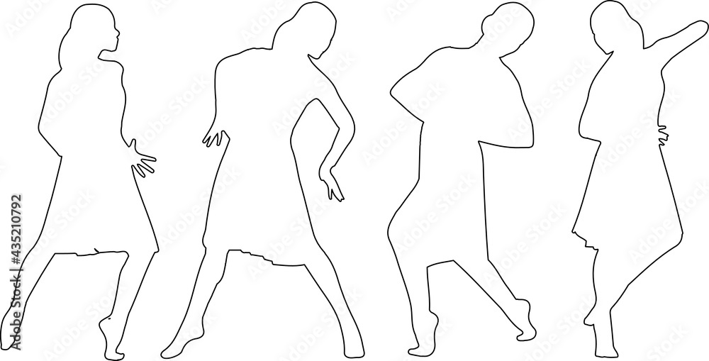 Set of dancing women standing and wearing dress, in various poses, cartoon character, people, business, group, vector silhouette, flat design icon, black color, isolated on white background Set of dancing women standing and wearing dress, in various poses, cartoon character, people, business, group, vector silhouette, flat design icon, black color, isolated on white background