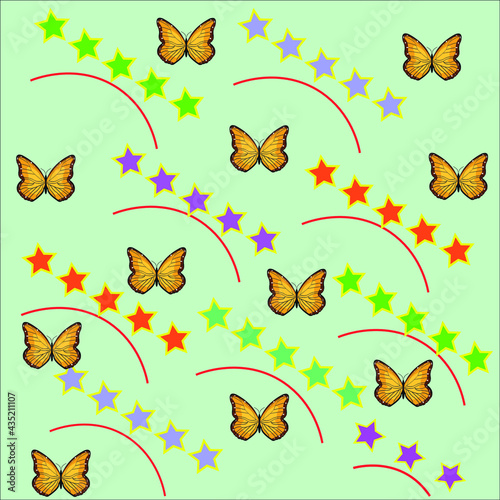 pattern of arcs, stars and butterflies on a menthol background