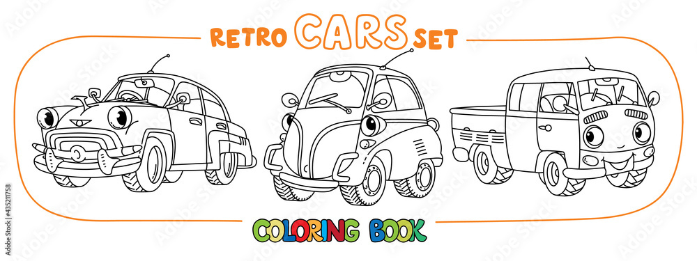 Funny small retro cars with eyes coloring book set Funny small retro cars with eyes coloring book set